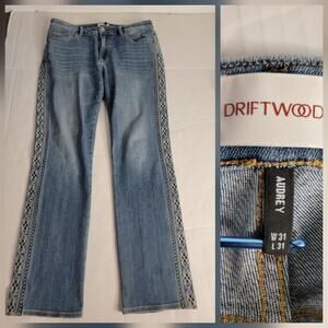 DRIFTWOOD Light Blue Straight Leg Jeans with Geometric Trim